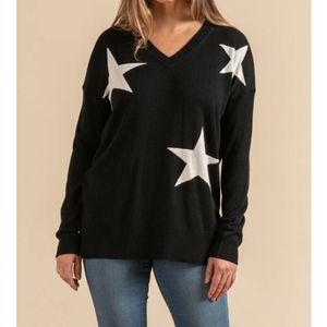 Laurie Felt Cashmere Blend Intarsia V-Neck Star Print Sweater Tunic Sz XL